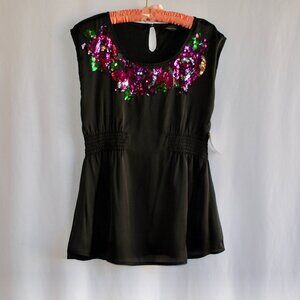 Black Satin with Sequin Floral Embellishment Women's Top - Forever 21 - (L)